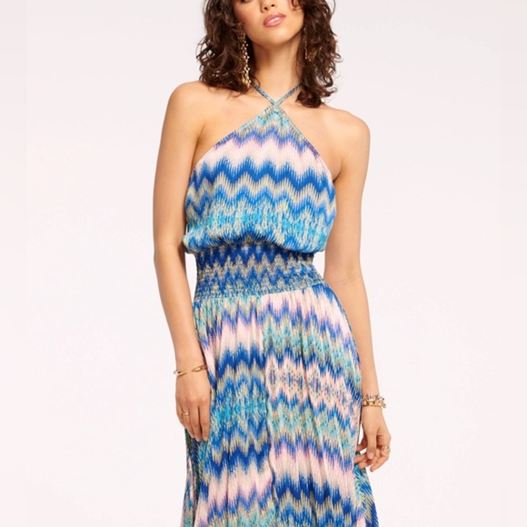 NWT Ramy Brook Giana Halter Maxi Dress Blue Pink Retro Chevron Sz XXL - Picture 3 of 16